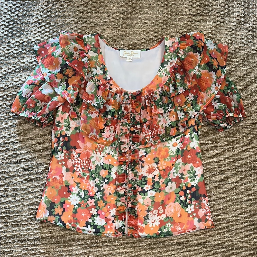 JB by Julie Brown Pink and Orange Ruffled Puff Sleeve Blouse